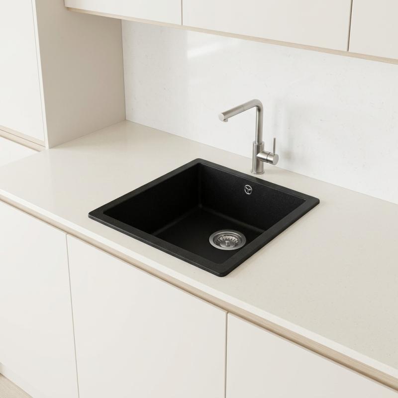 GraniteMy Universal granieten zwarte spoelbak 34x40 cm zwart opbouw onderbouw en vlakinbouw met rvs plug 1208967106